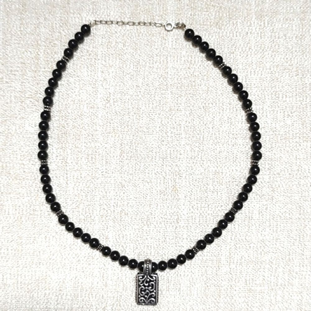 Black Bead and Silver Scroll Pendant Necklace 16" with 2" Extender